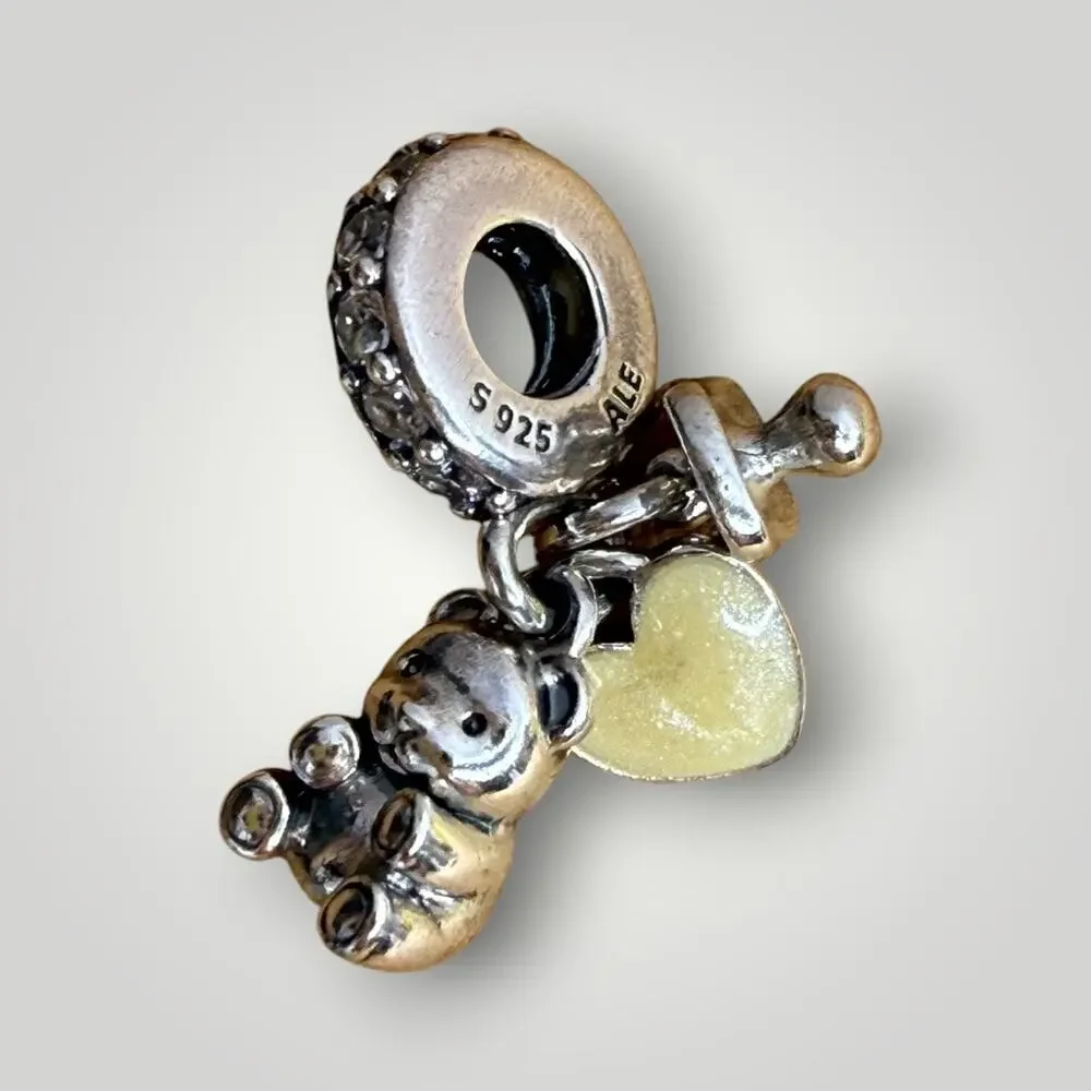 Pandora ALE 925 Sterling Silver Baby Teddy Bear Heart Dangle Charm